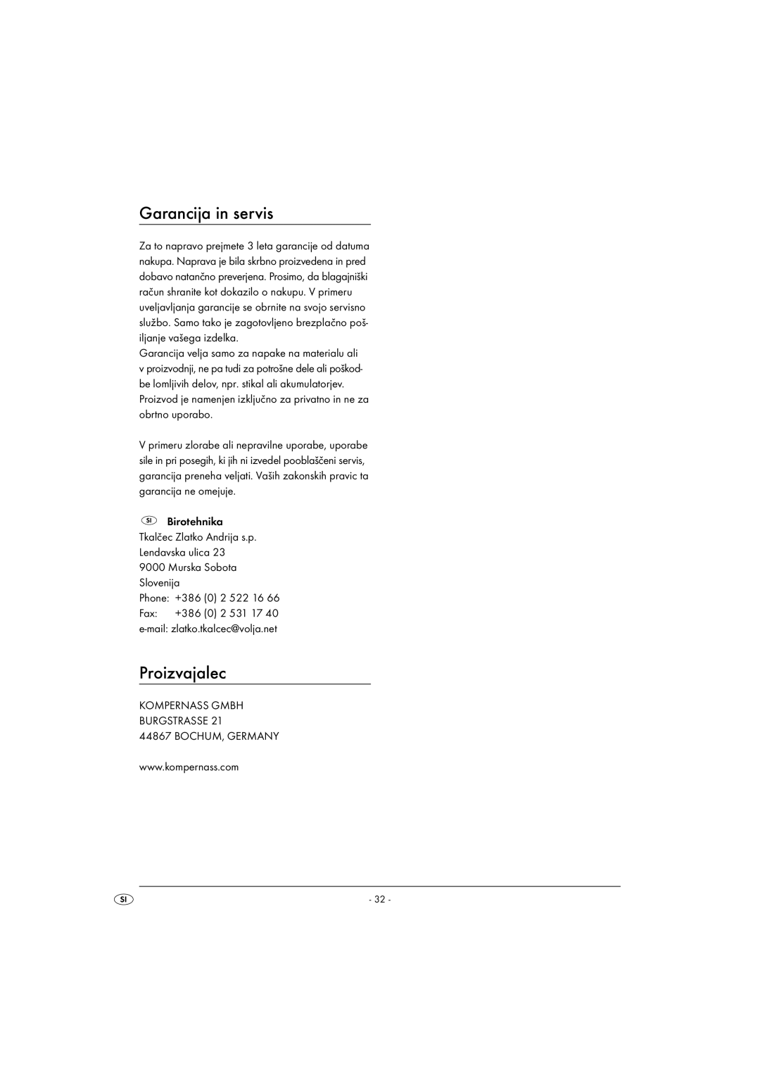 Kompernass KH 1135 operating instructions Garancija in servis, Proizvajalec 