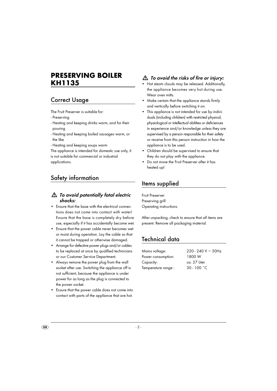 Kompernass KH 1135 Preserving Boiler KH1135, Correct Usage, Safety information, Items supplied, Technical data 