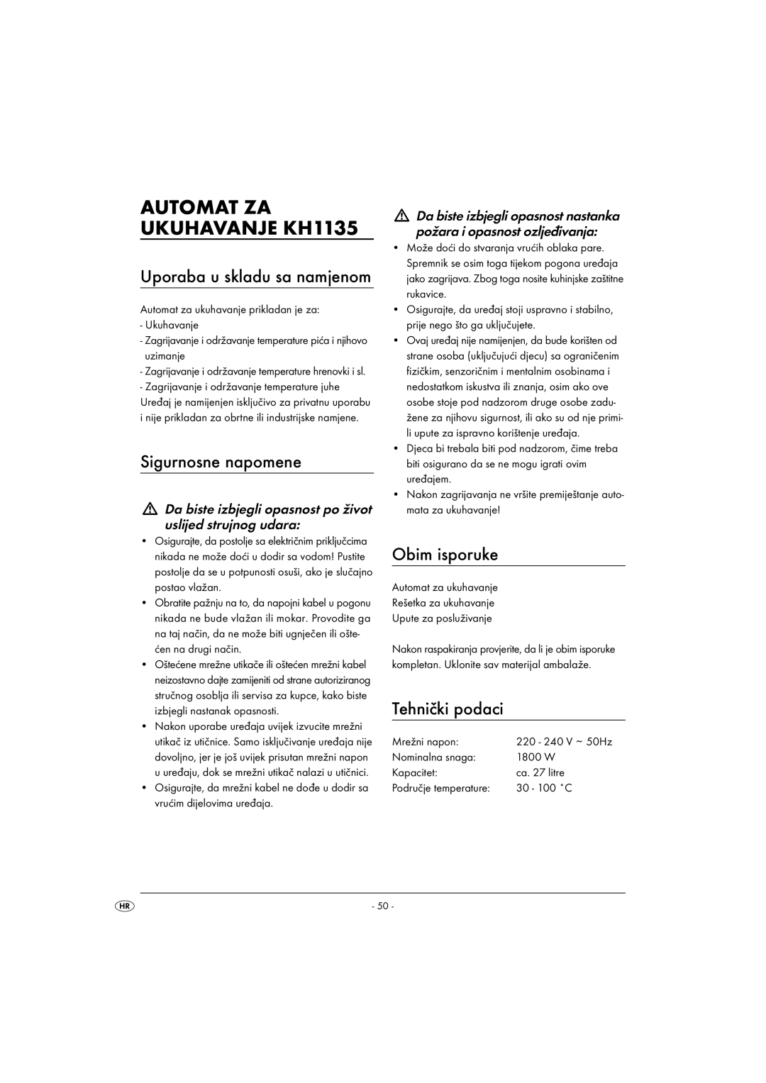 Kompernass KH 1135 operating instructions Automat ZA Ukuhavanje KH1135, Sigurnosne napomene, Obim isporuke, Tehnički podaci 