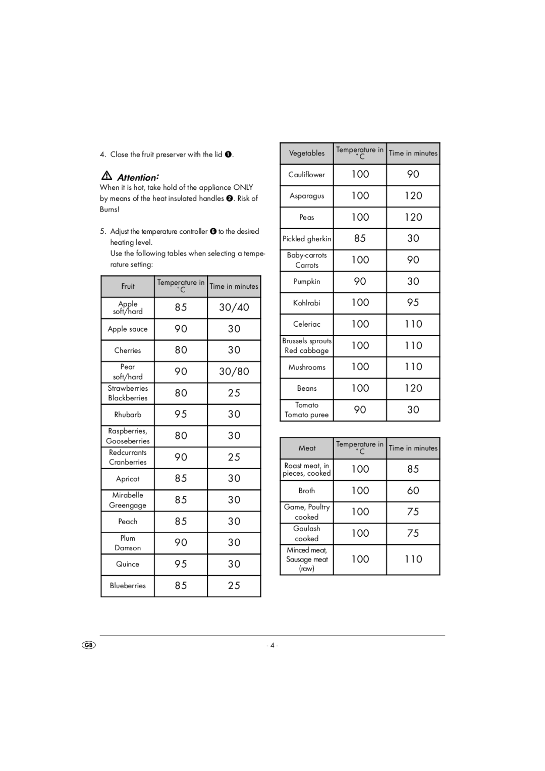 Kompernass KH 1135 operating instructions 30/80, Vegetables 