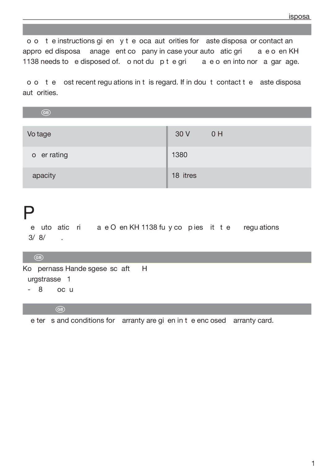 Kompernass KH 1138 manual Disposal, Technical specifications, Manufactured by, Warranty 