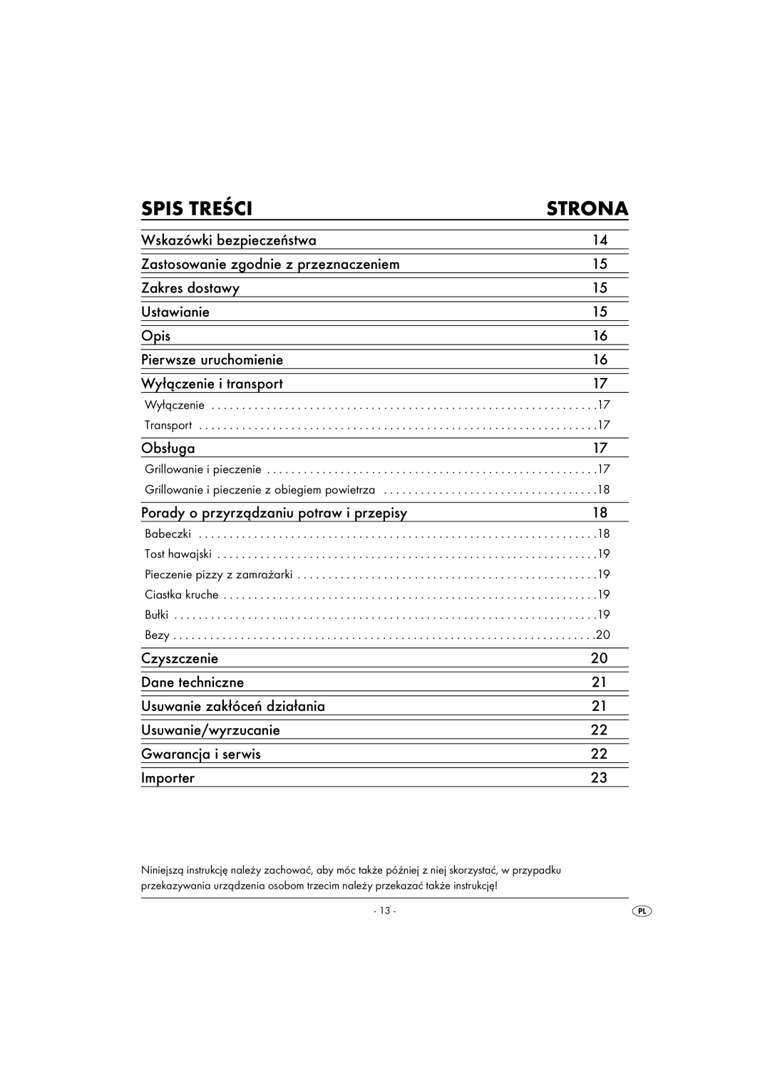 Kompernass KH 1139 manual Spis Treści Strona, Wyłączenie Transport 