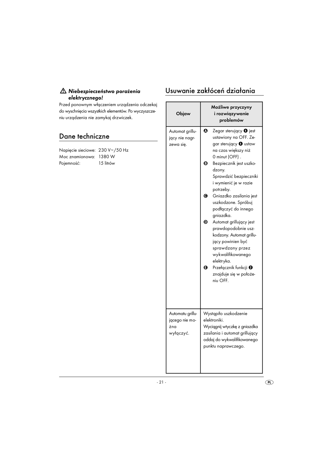 Kompernass KH 1139 manual Dane techniczne, Usuwanie zakłóceń działania 