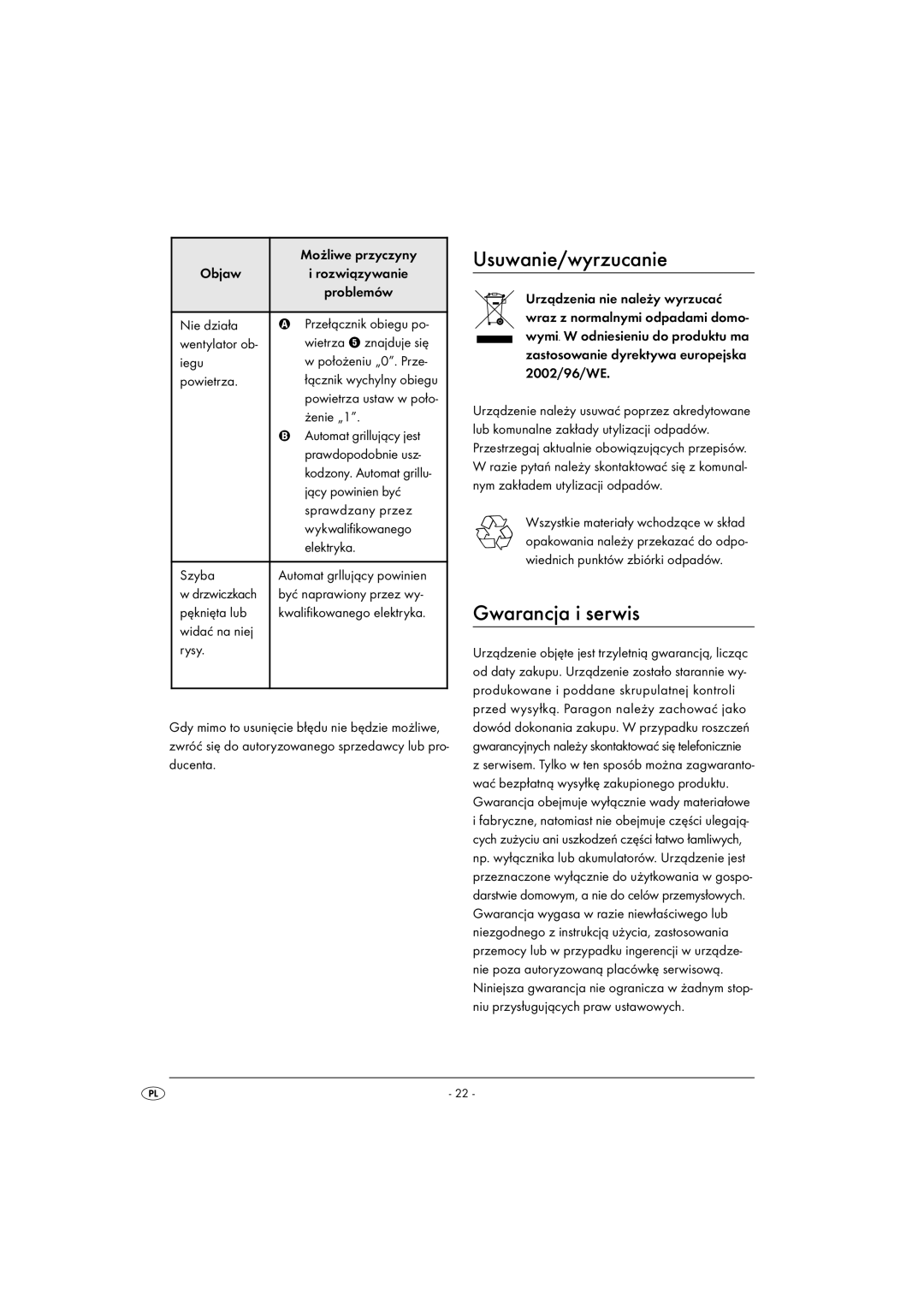 Kompernass KH 1139 manual Usuwanie/wyrzucanie, Gwarancja i serwis 