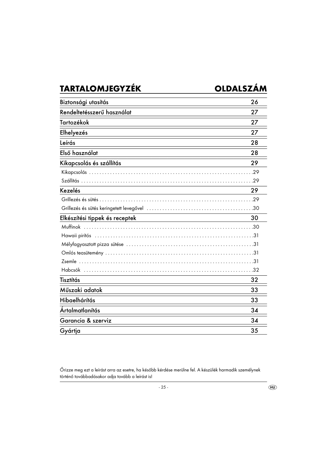 Kompernass KH 1139 manual Tartalomjegyzék Oldalszám, Kikapcsolás Szállítás 