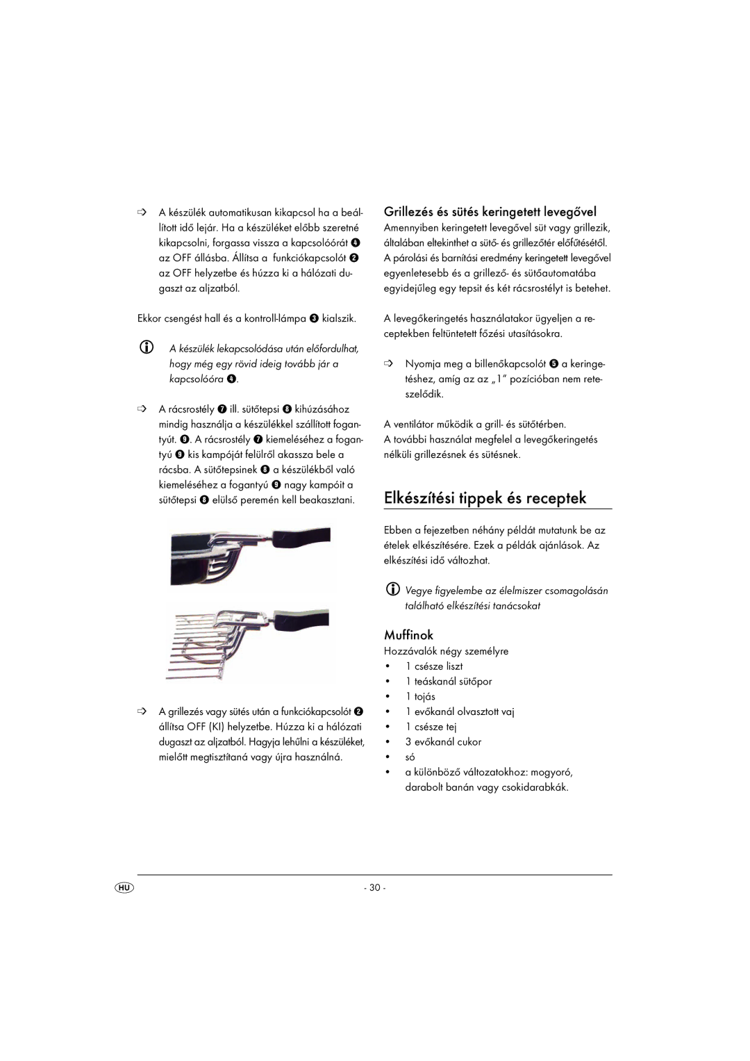 Kompernass KH 1139 manual Elkészítési tippek és receptek, Grillezés és sütés keringetett levegővel, Muffinok 