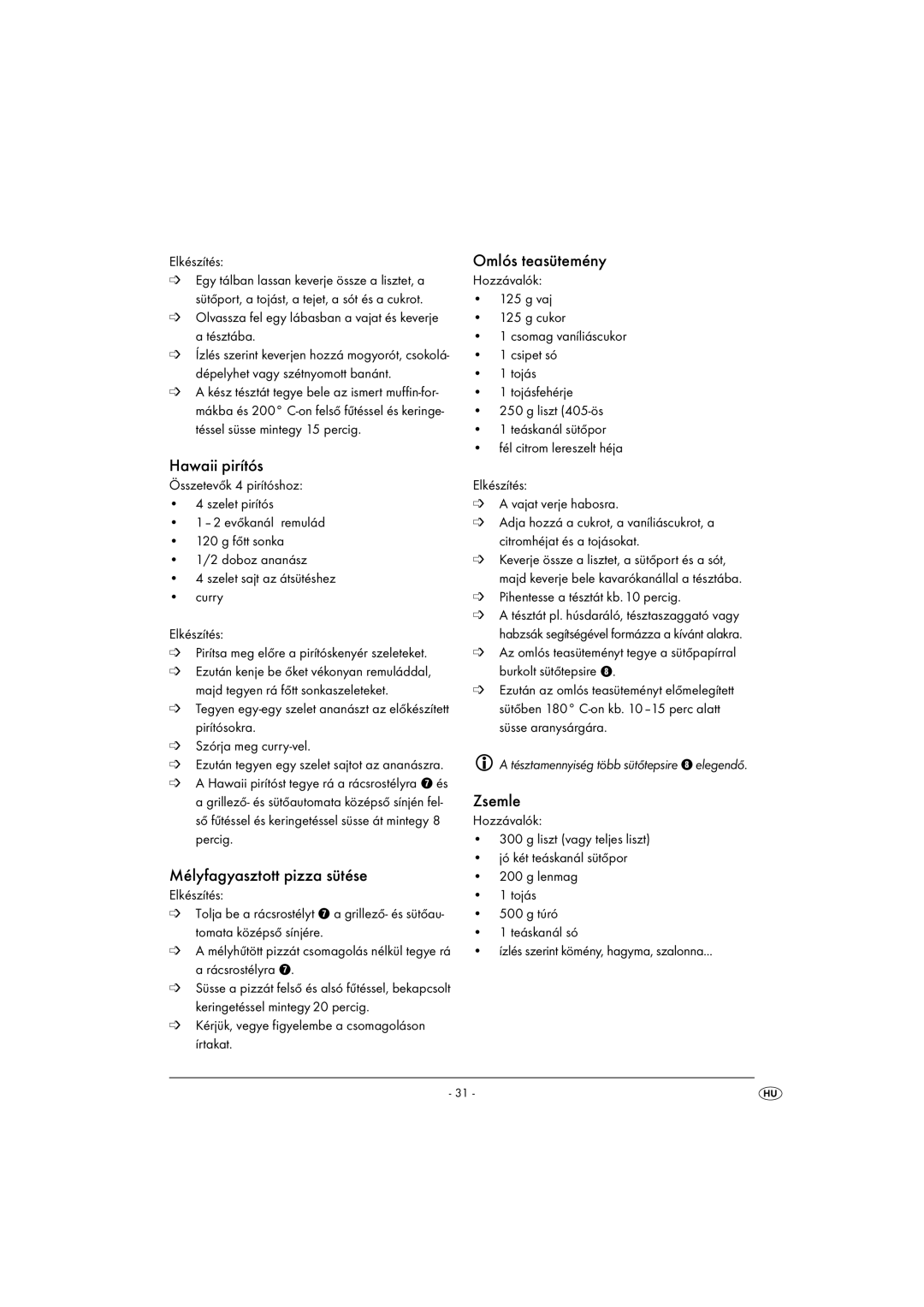 Kompernass KH 1139 manual Hawaii pirítós, Mélyfagyasztott pizza sütése, Omlós teasütemény, Zsemle 