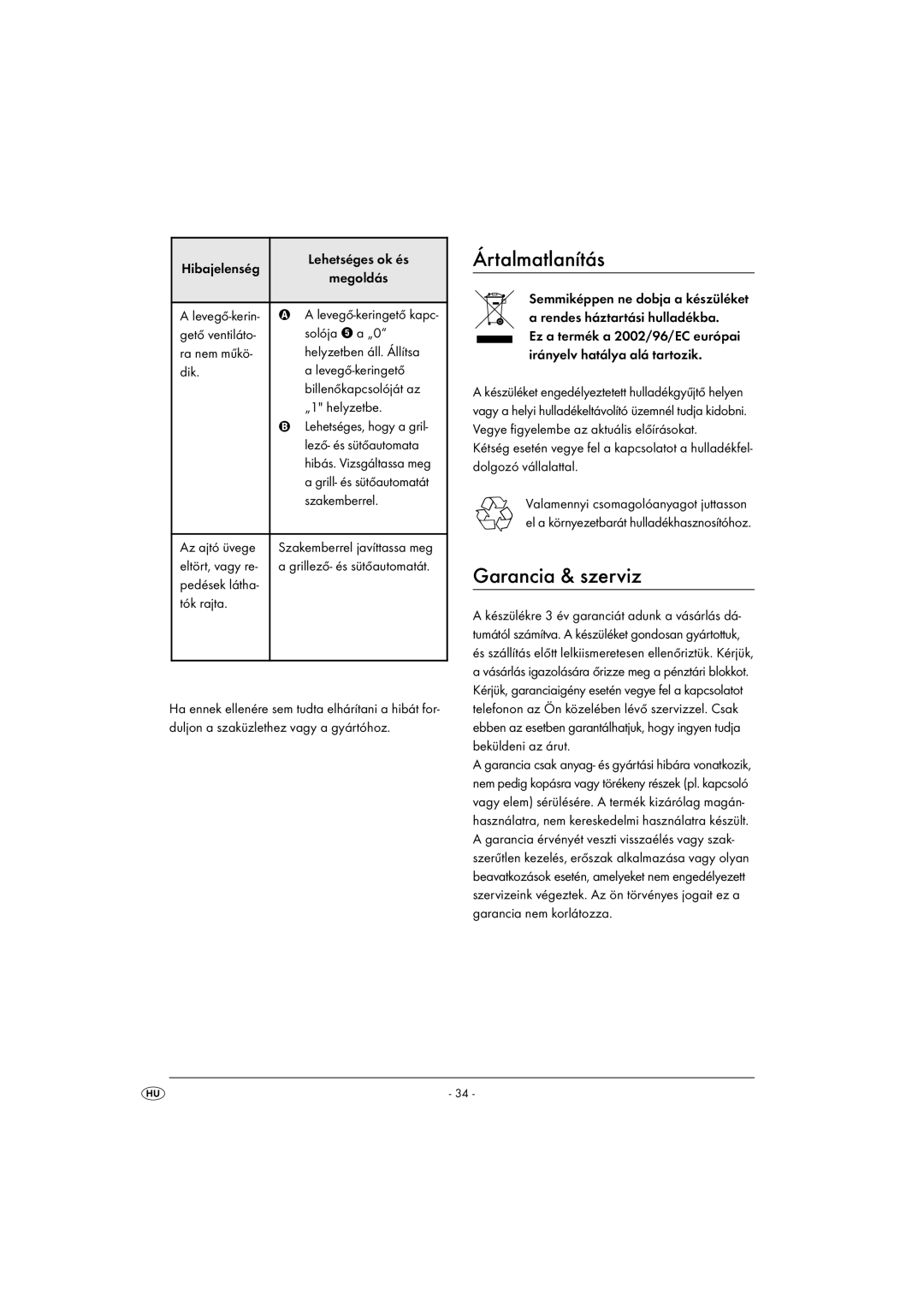 Kompernass KH 1139 manual Ártalmatlanítás, Garancia & szerviz 