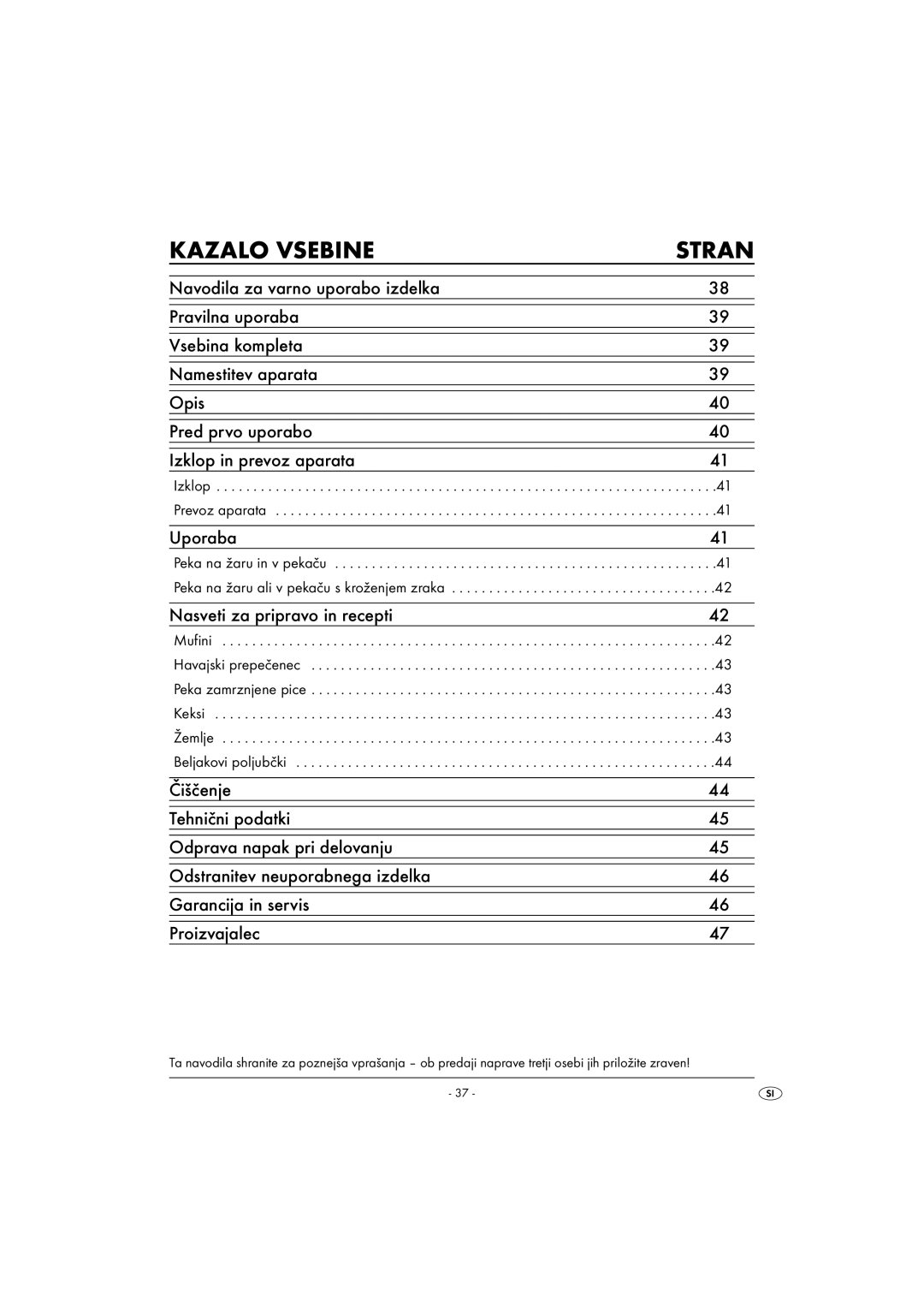 Kompernass KH 1139 manual Kazalo Vsebine Stran, Izklop Prevoz aparata 