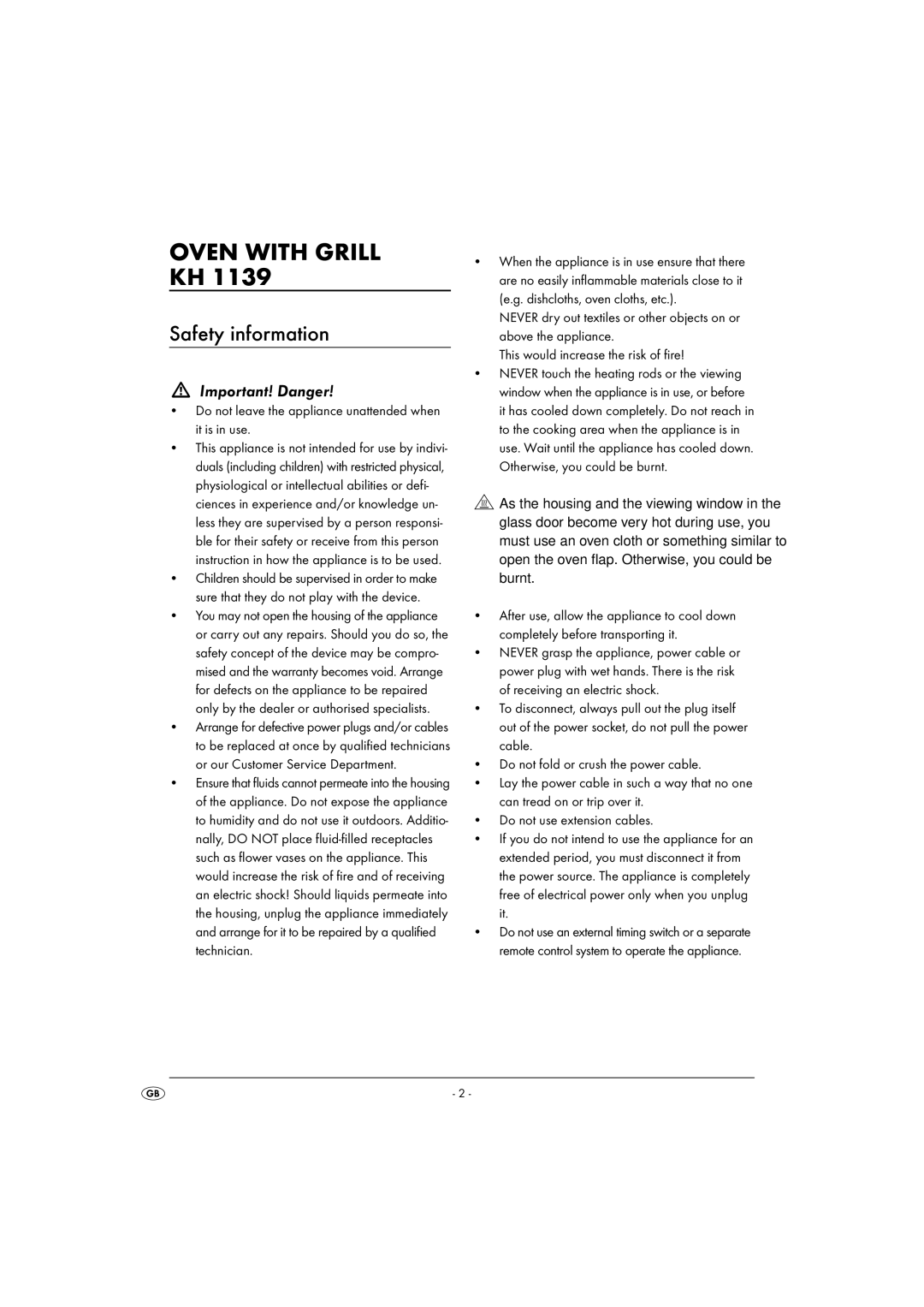 Kompernass KH 1139 manual Oven with Grill KH, Safety information, Important! Danger 