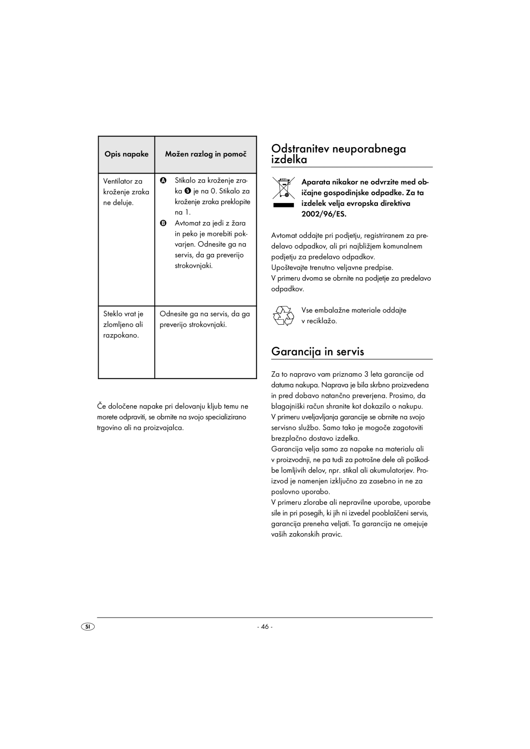 Kompernass KH 1139 manual Odstranitev neuporabnega izdelka, Garancija in servis 