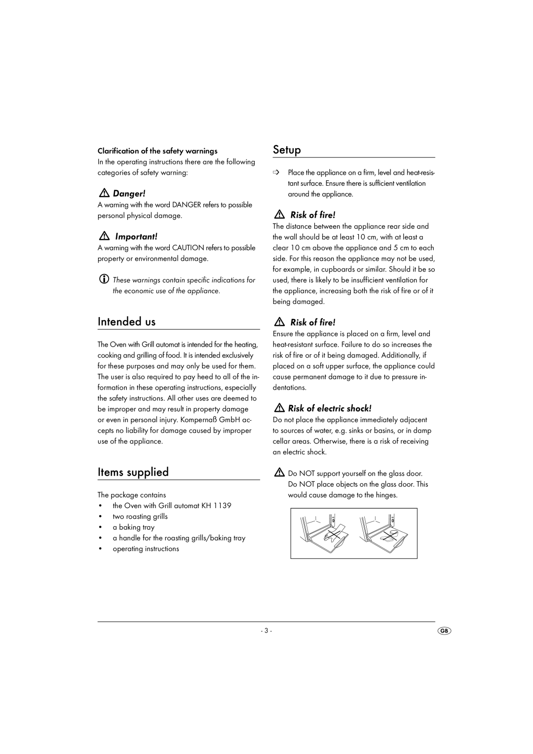 Kompernass KH 1139 manual Setup, Intended us, Items supplied, Risk of fire, Risk of electric shock 