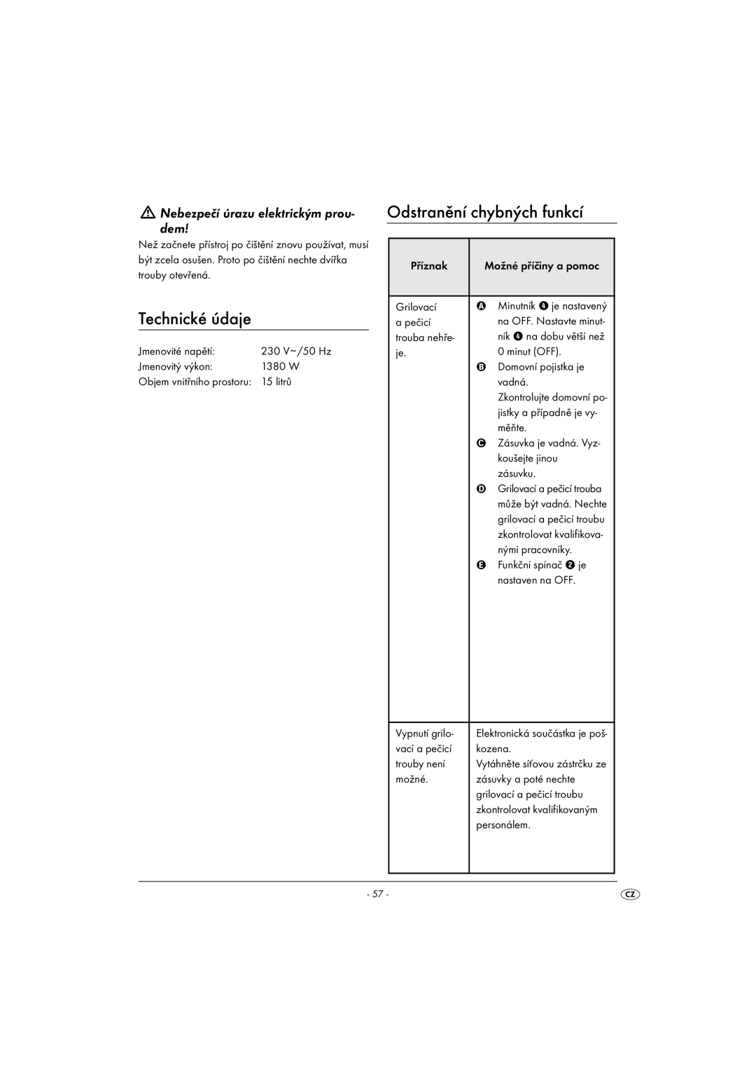 Kompernass KH 1139 manual Technické údaje, Odstranění chybných funkcí 