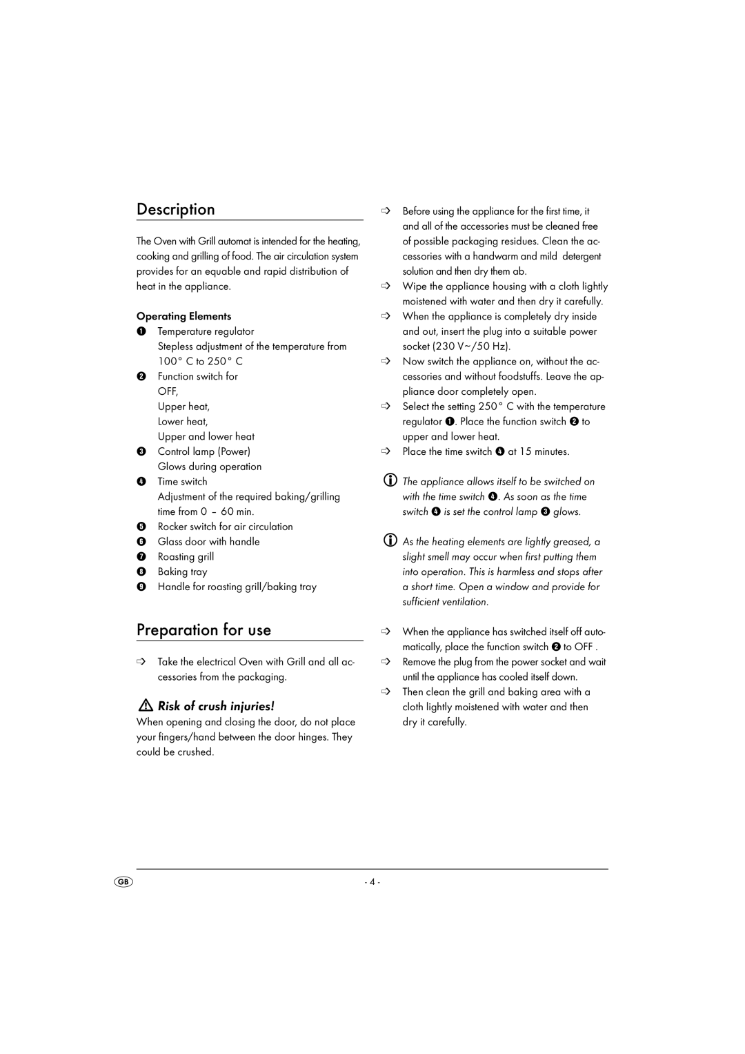 Kompernass KH 1139 manual Description, Preparation for use, Risk of crush injuries, Upper and lower heat 