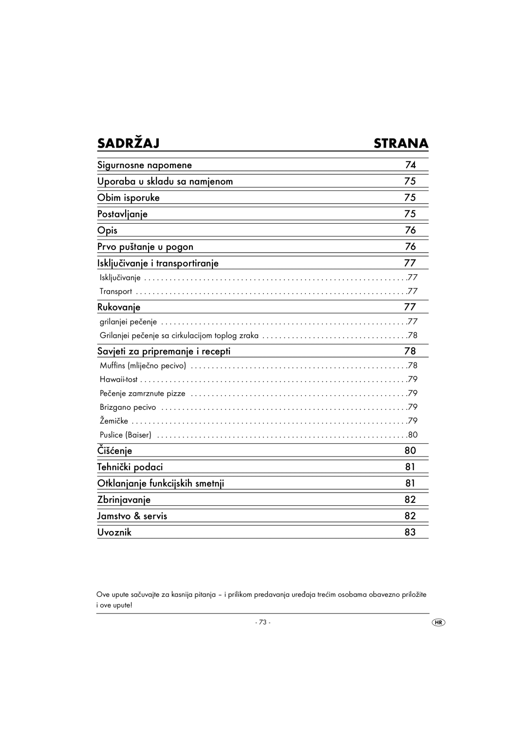 Kompernass KH 1139 manual Sadržaj Strana, Isključivanje Transport 