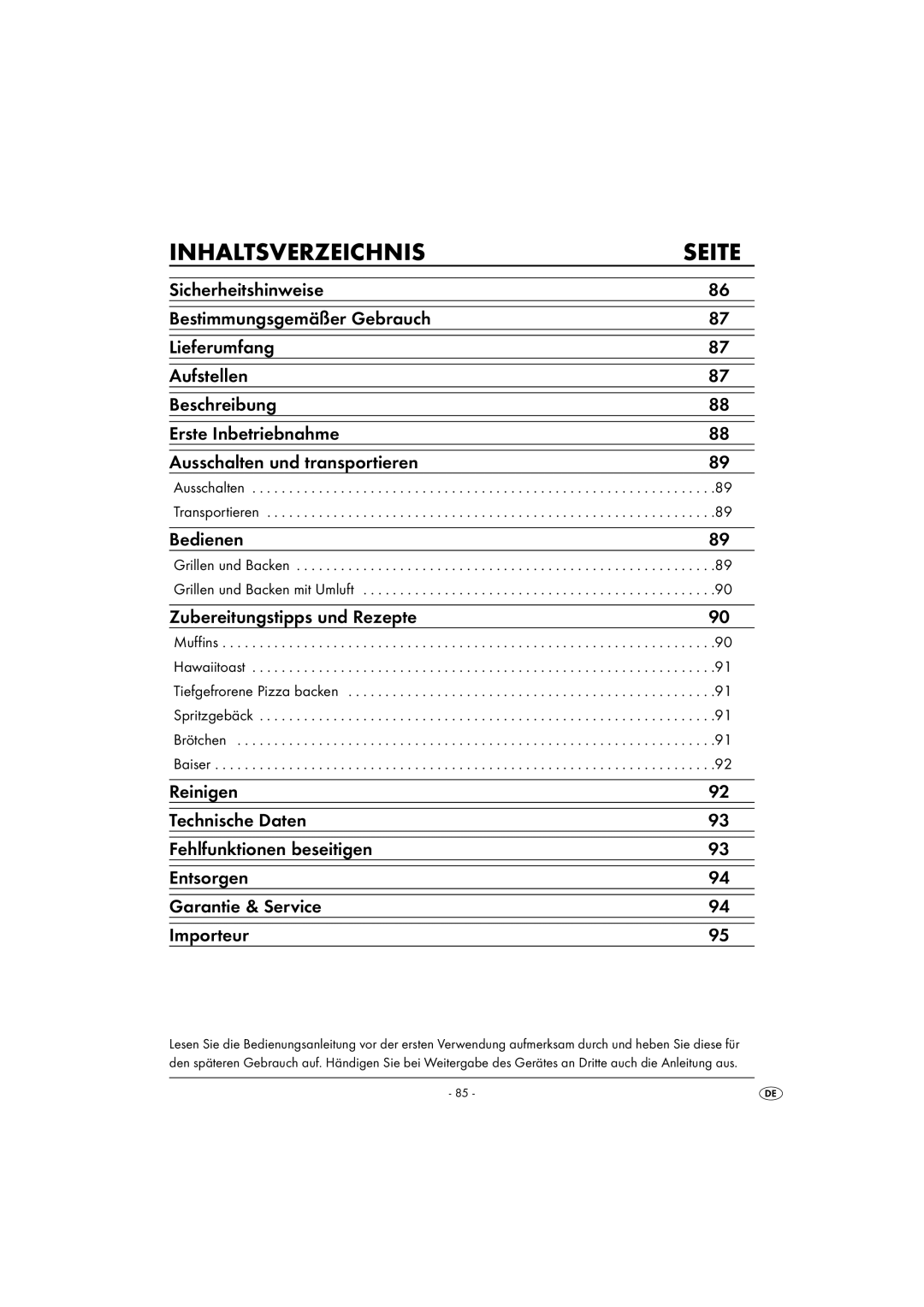 Kompernass KH 1139 manual Inhaltsverzeichnis, Ausschalten Transportieren, Grillen und Backen Grillen und Backen mit Umluft 