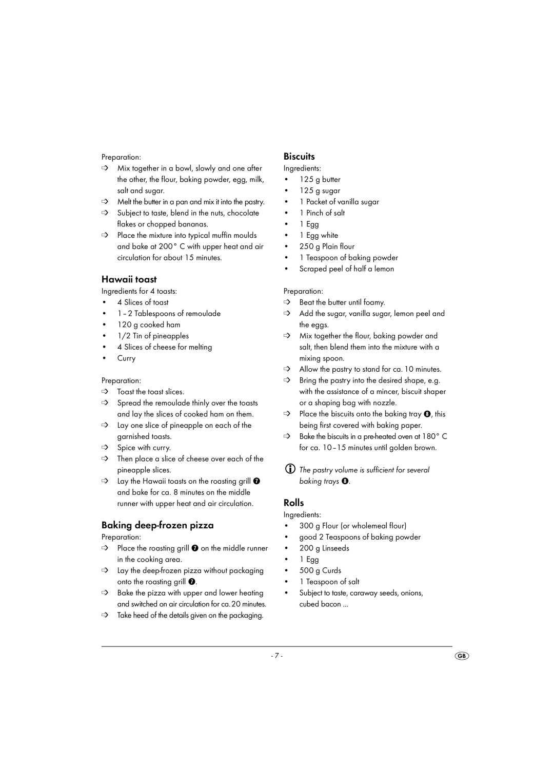 Kompernass KH 1139 manual Hawaii toast, Baking deep-frozen pizza, Biscuits, Rolls 
