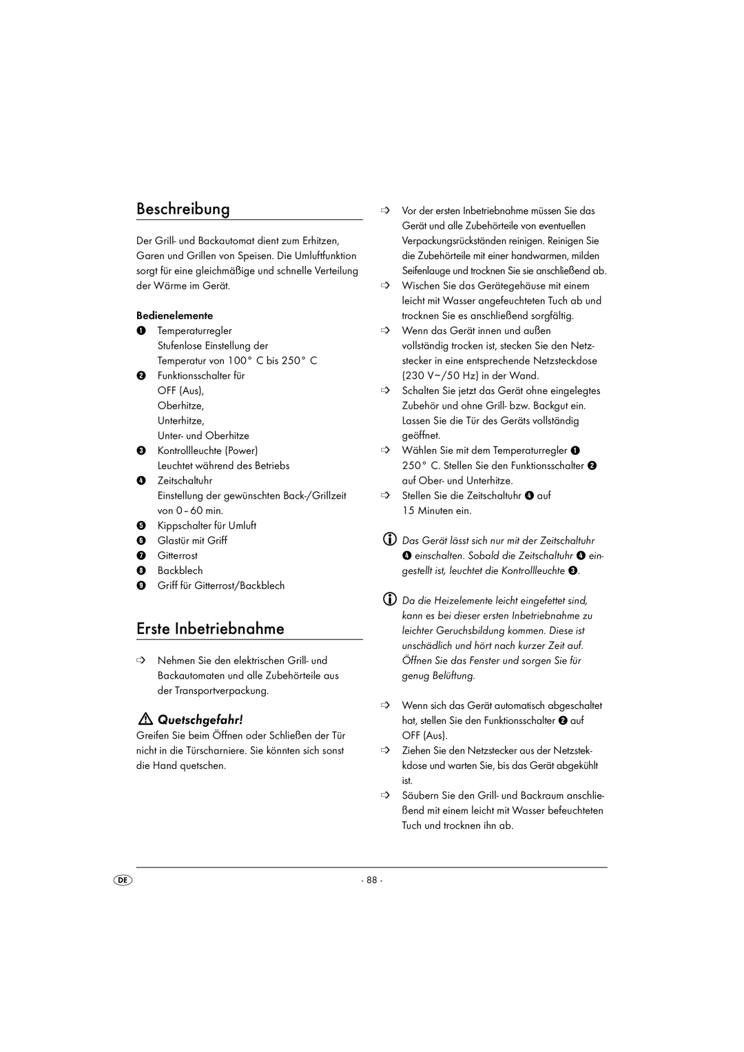 Kompernass KH 1139 Beschreibung, Erste Inbetriebnahme, Quetschgefahr, Stellen Sie die Zeitschaltuhr 4 auf 15 Minuten ein 