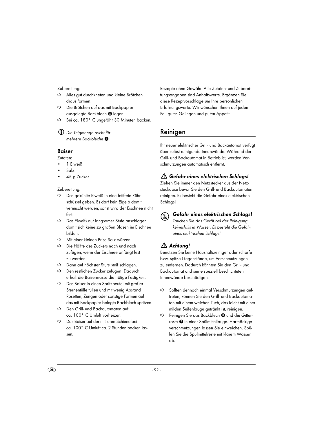 Kompernass KH 1139 manual Reinigen, Baiser, Gefahr eines elektrischen Schlags 