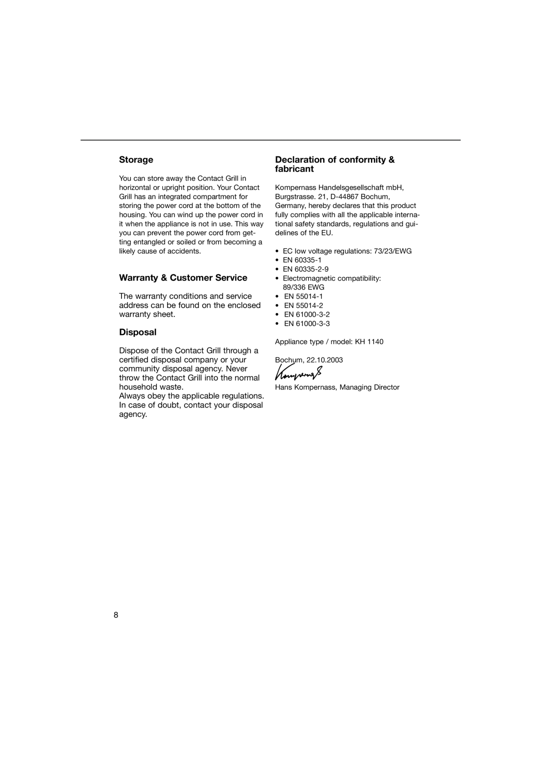 Kompernass KH 1140 manual Storage, Warranty & Customer Service, Disposal, Declaration of conformity & fabricant 