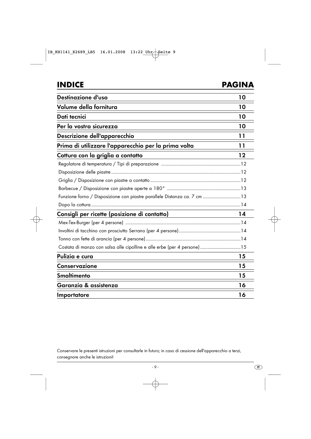 Kompernass KH 1141 manual Indice Pagina, Consigli per ricette posizione di contatto 