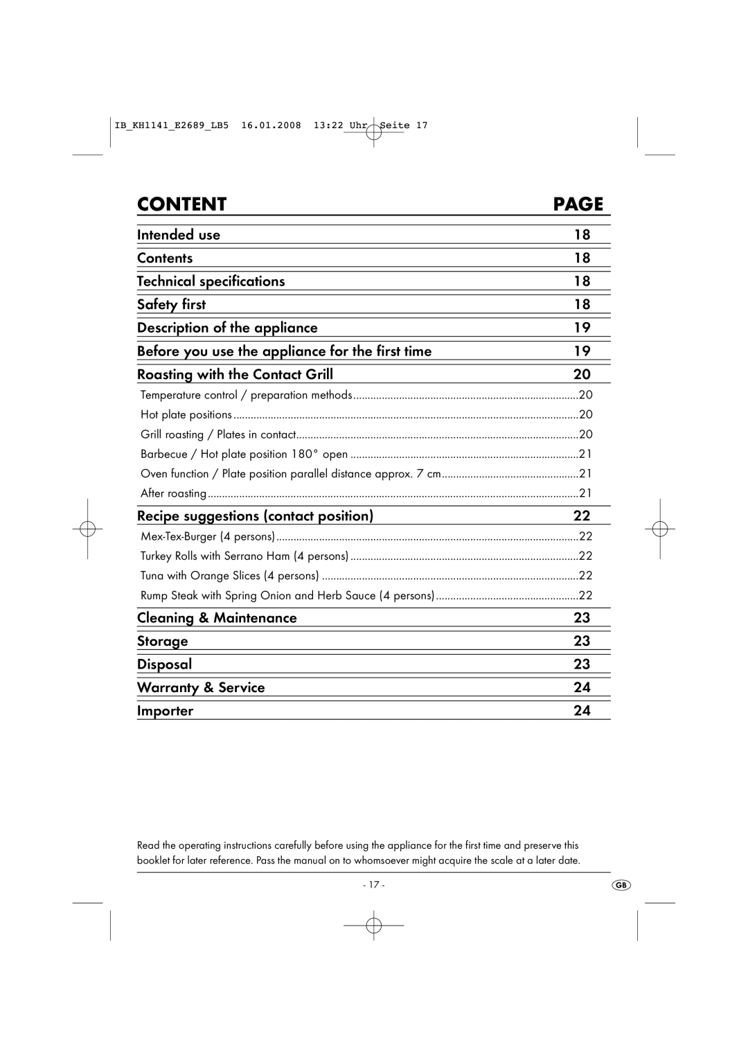 Kompernass KH 1141 manual Content, Recipe suggestions contact position 