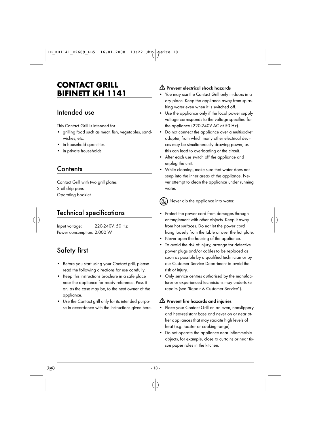 Kompernass KH 1141 manual Contact Grill Bifinett KH, Intended use, Contents, Technical specifications, Safety first 