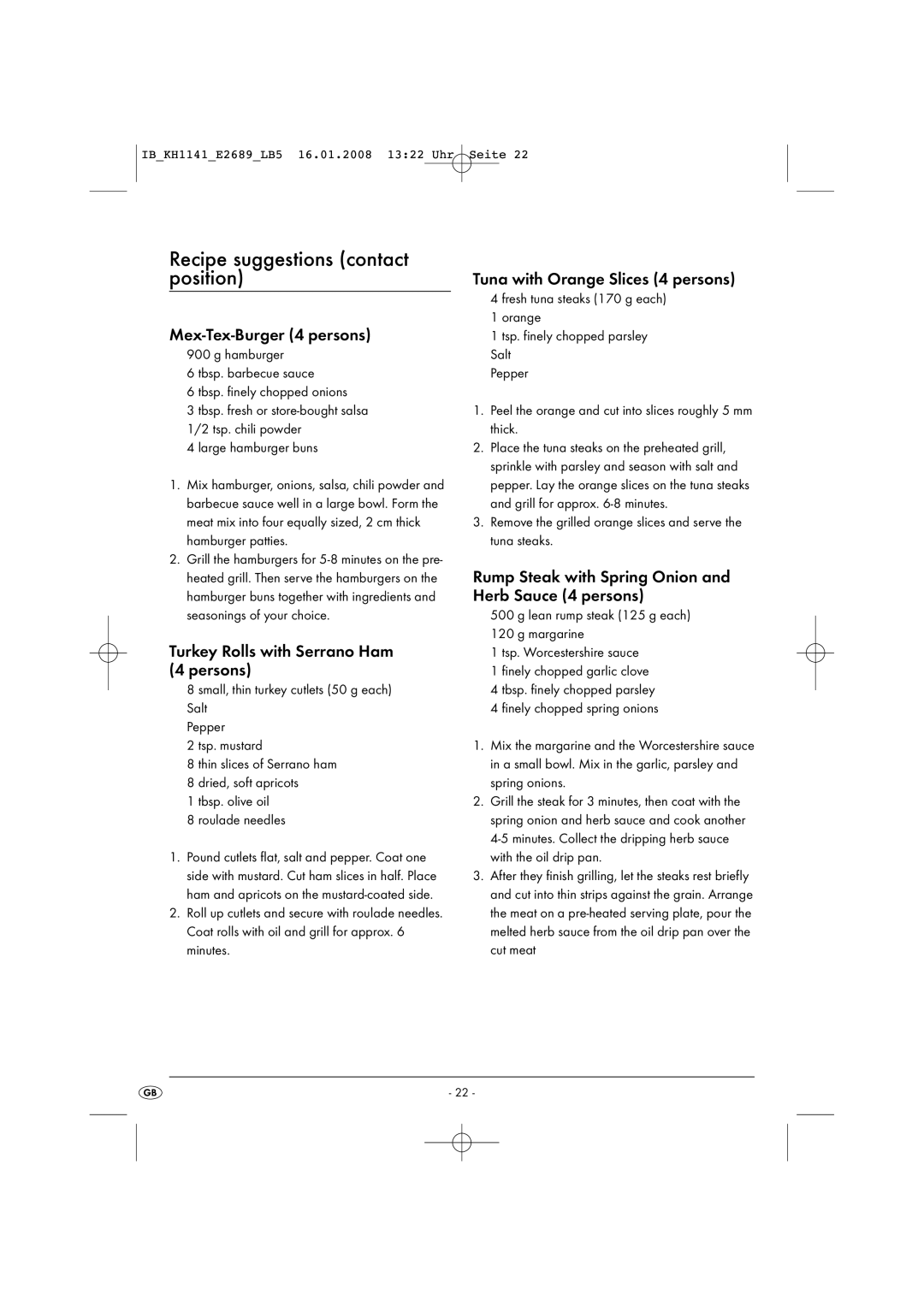 Kompernass KH 1141 Recipe suggestions contact position, Mex-Tex-Burger 4 persons, Turkey Rolls with Serrano Ham 4 persons 