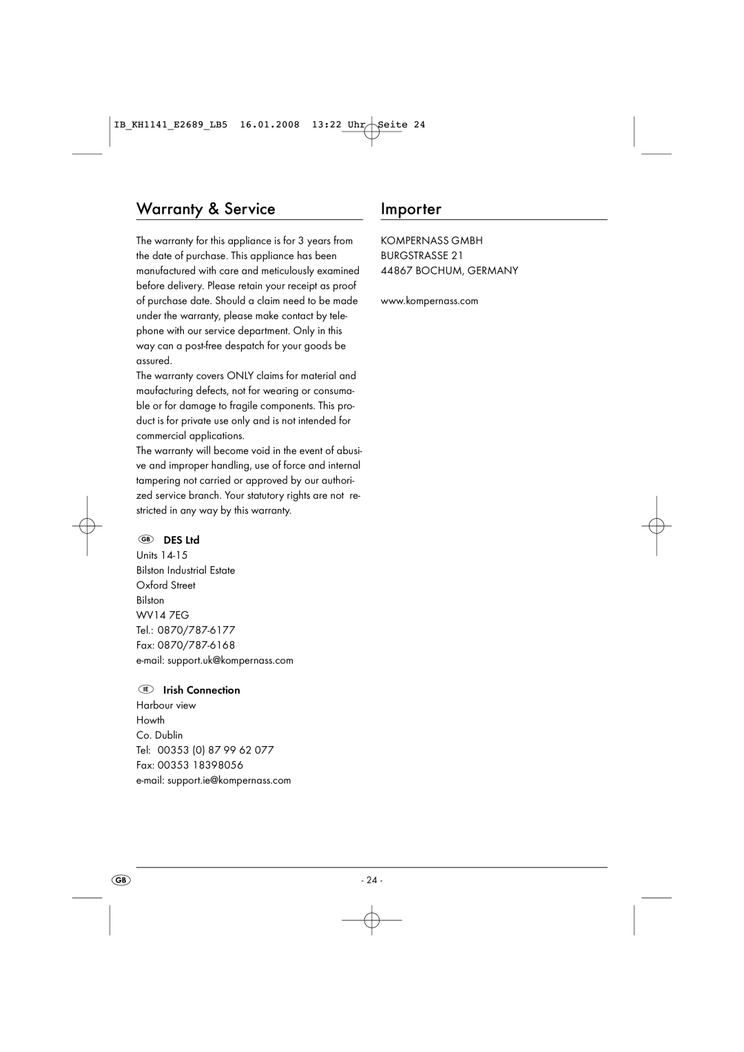 Kompernass KH 1141 manual Warranty & Service Importer, Assured, Commercial applications 