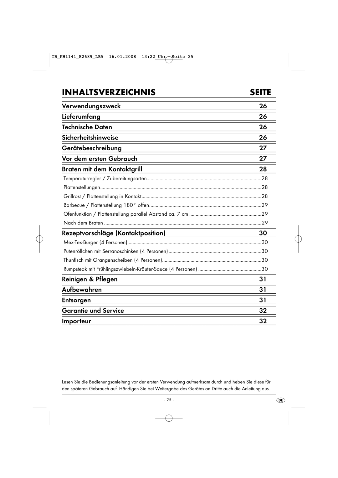 Kompernass KH 1141 manual Inhaltsverzeichnis, Seite 