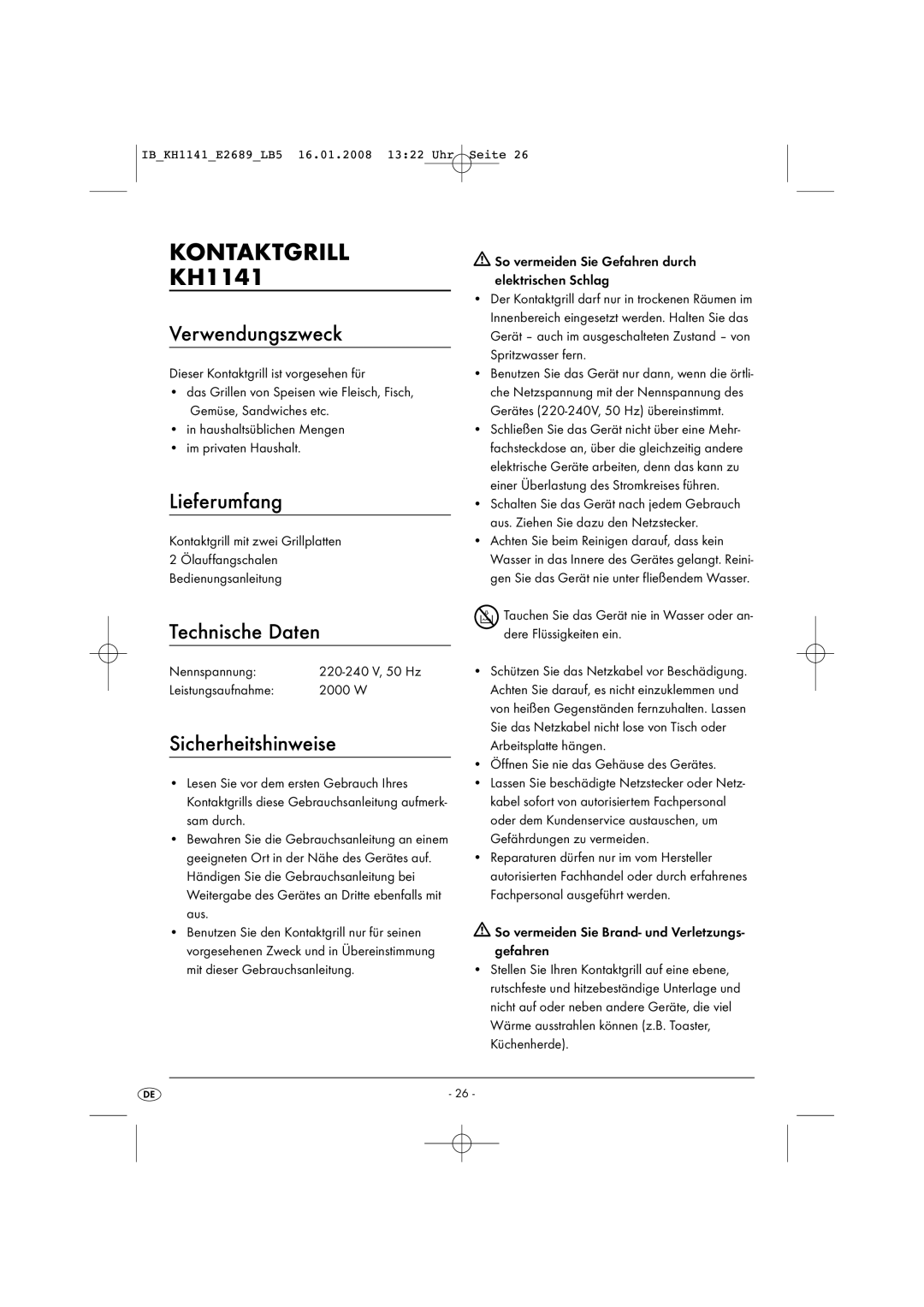 Kompernass KH 1141 manual Kontaktgrill, Verwendungszweck, Lieferumfang, Technische Daten, Sicherheitshinweise 