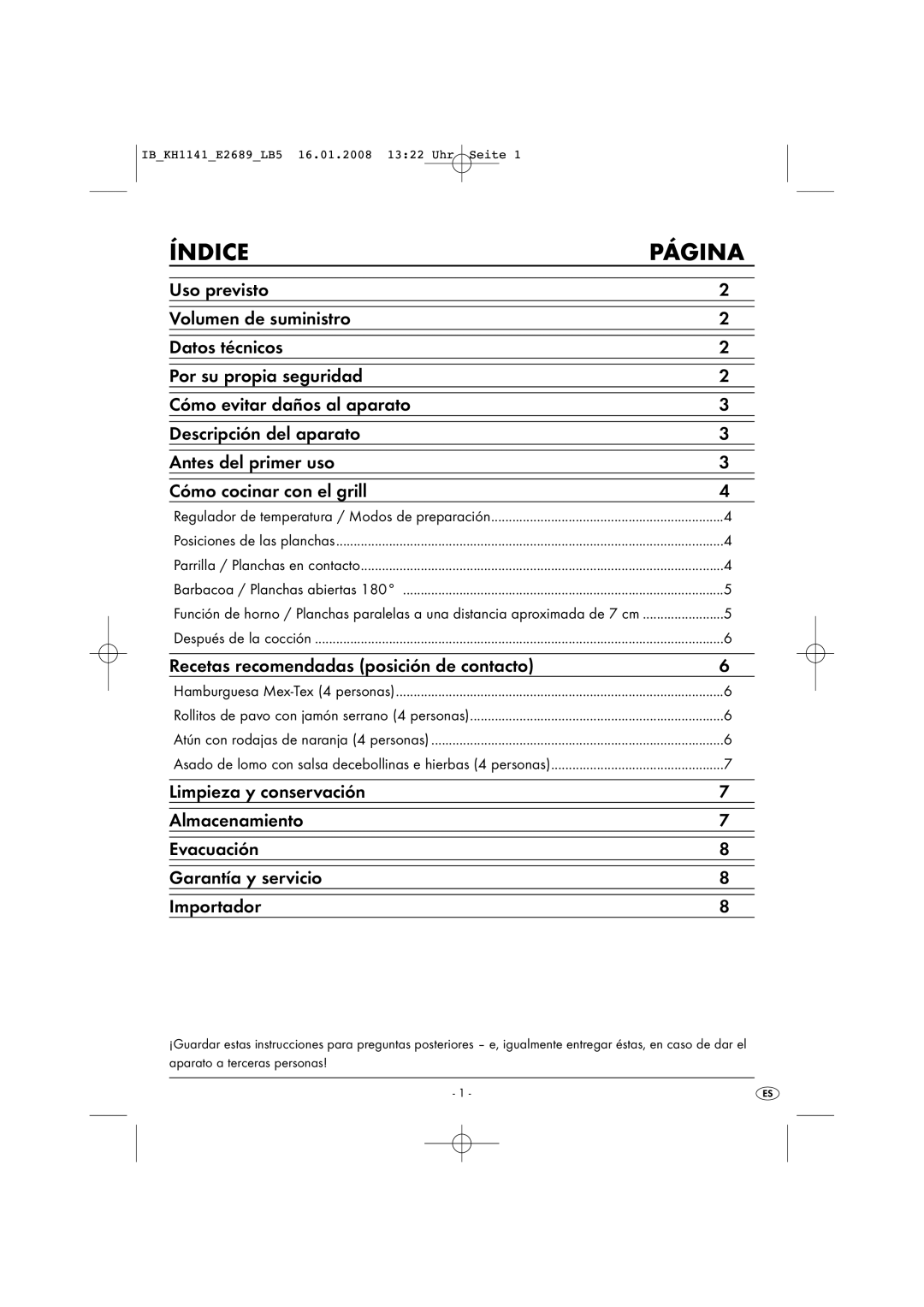 Kompernass KH 1141 manual Índice Página, Recetas recomendadas posición de contacto 