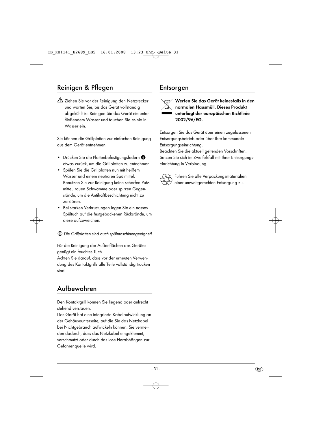 Kompernass KH 1141 manual Reinigen & Pflegen Entsorgen, Aufbewahren 