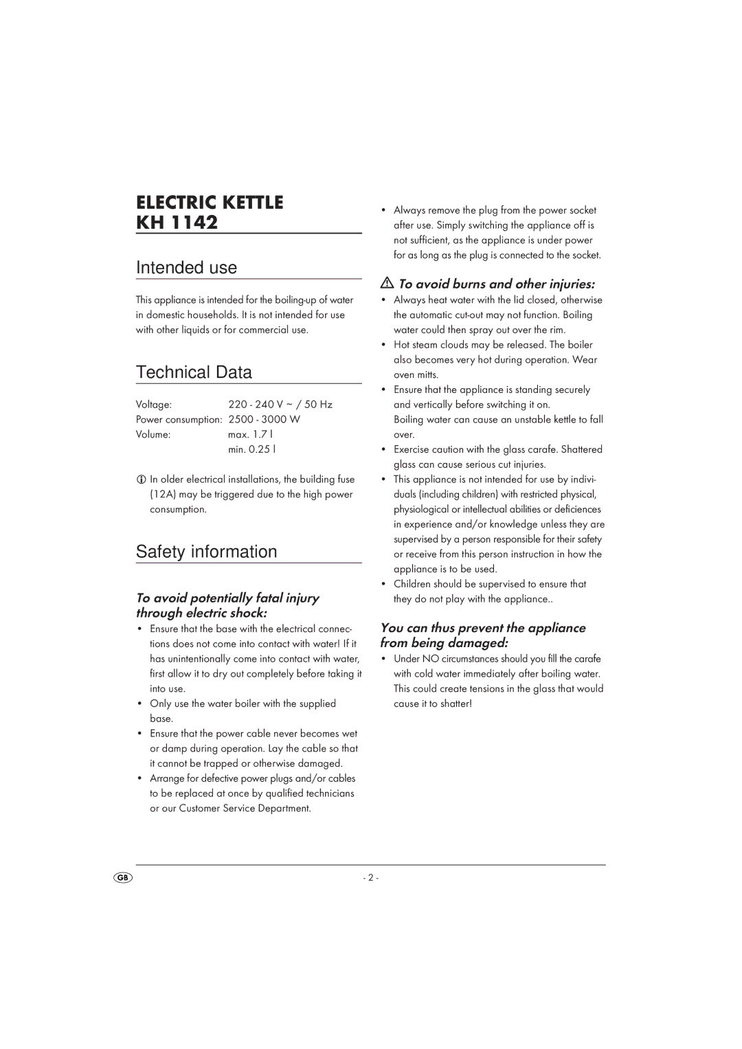 Kompernass KH 1142 manual Electric Kettle, Intended use, Technical Data, Safety information 