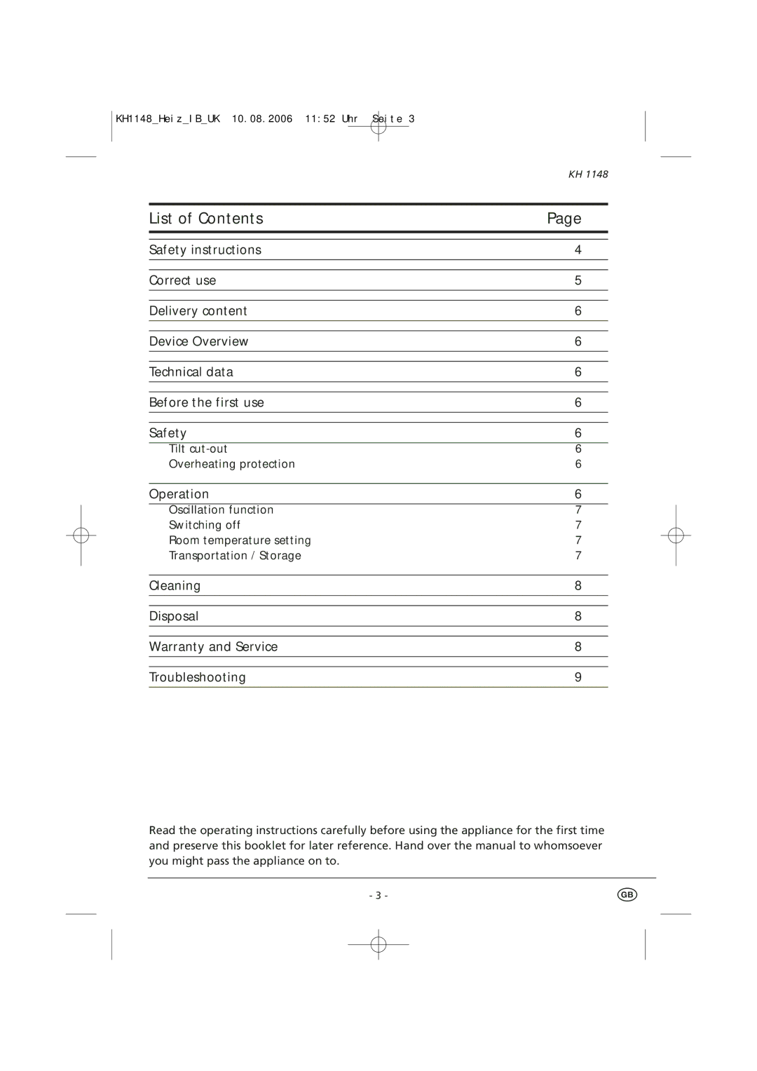 Kompernass KH 1148 manual List of Contents 