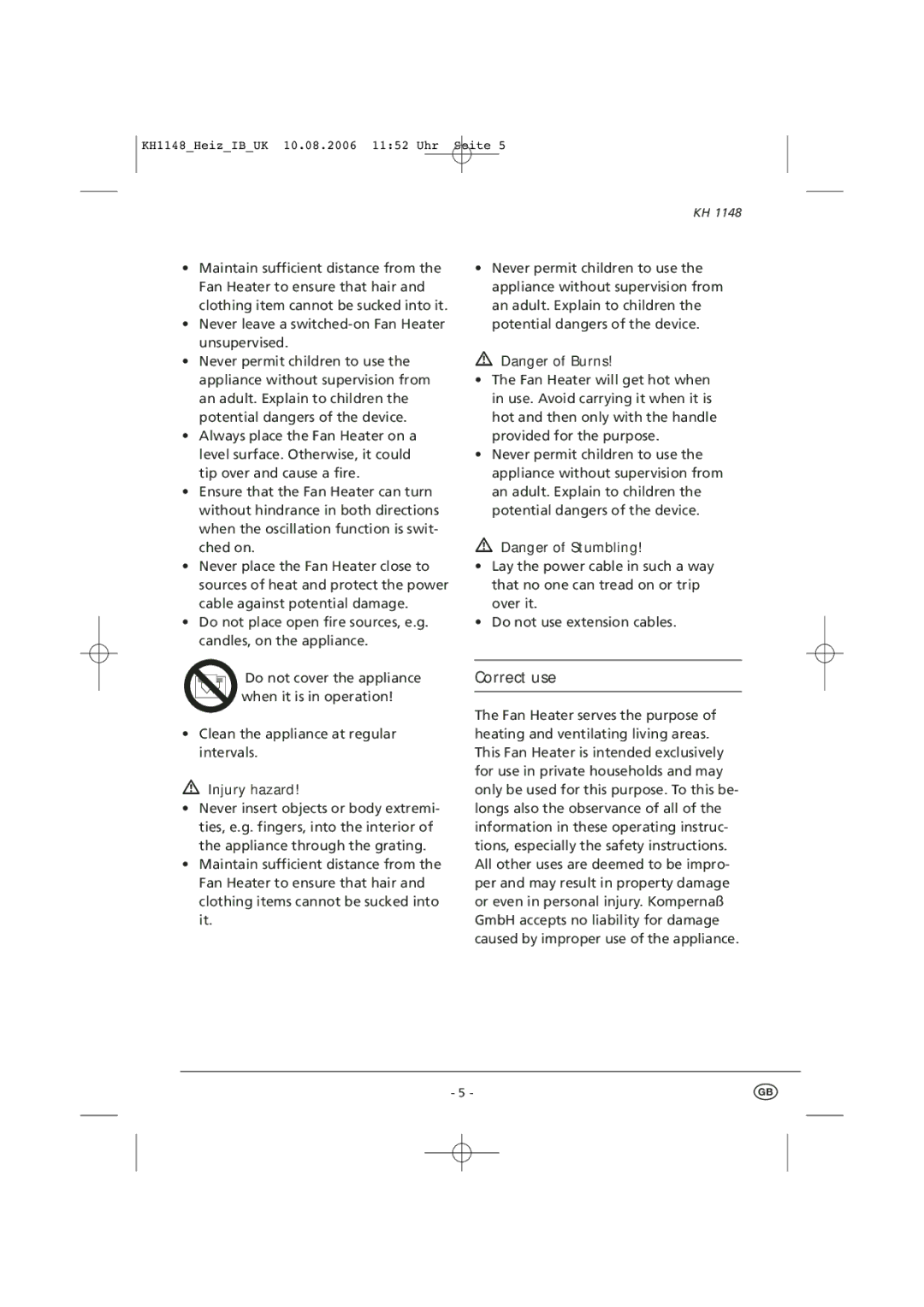 Kompernass KH 1148 manual Injury hazard 