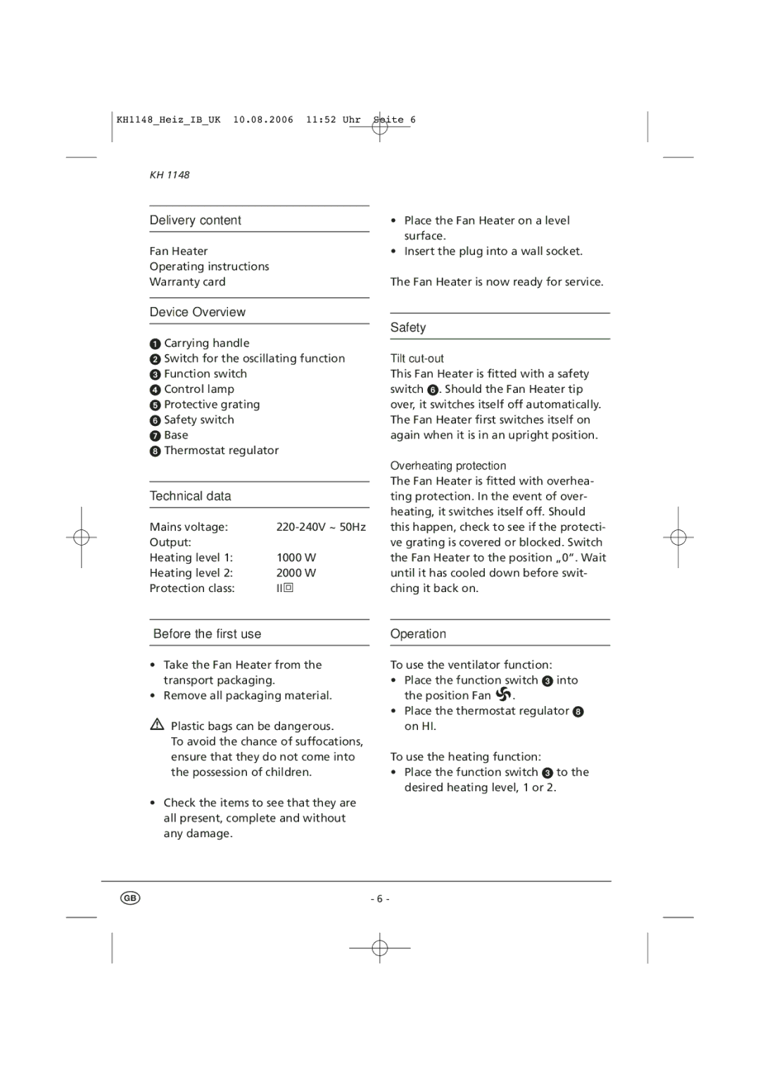 Kompernass KH 1148 manual Safety, Tilt cut-out 