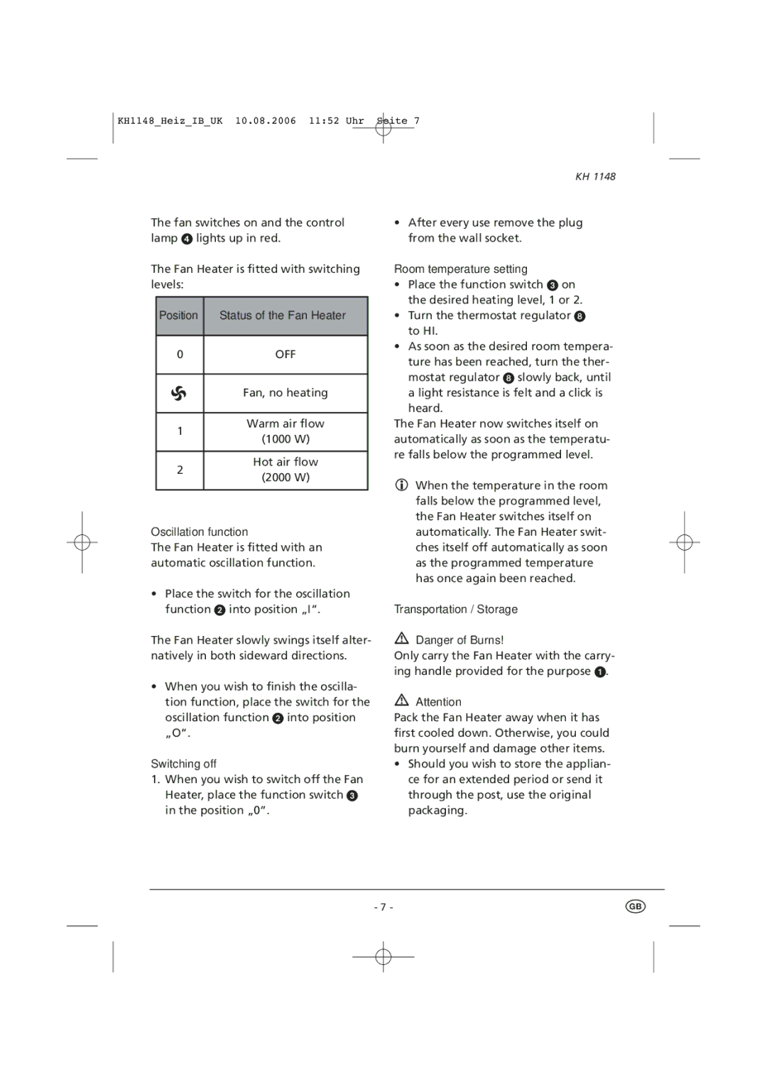 Kompernass KH 1148 manual Status of the Fan Heater, Oscillation function 