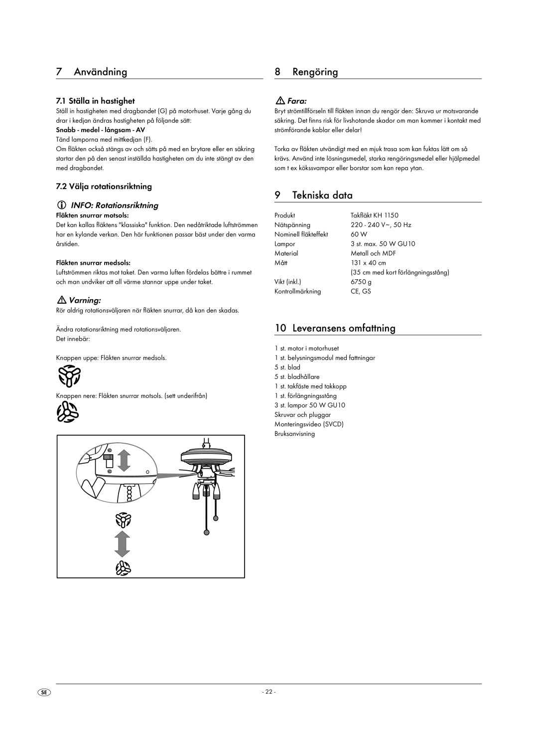 Kompernass KH 1150 manual Användning, Rengöring, Tekniska data, Leveransens omfattning, Info Rotationsriktning 