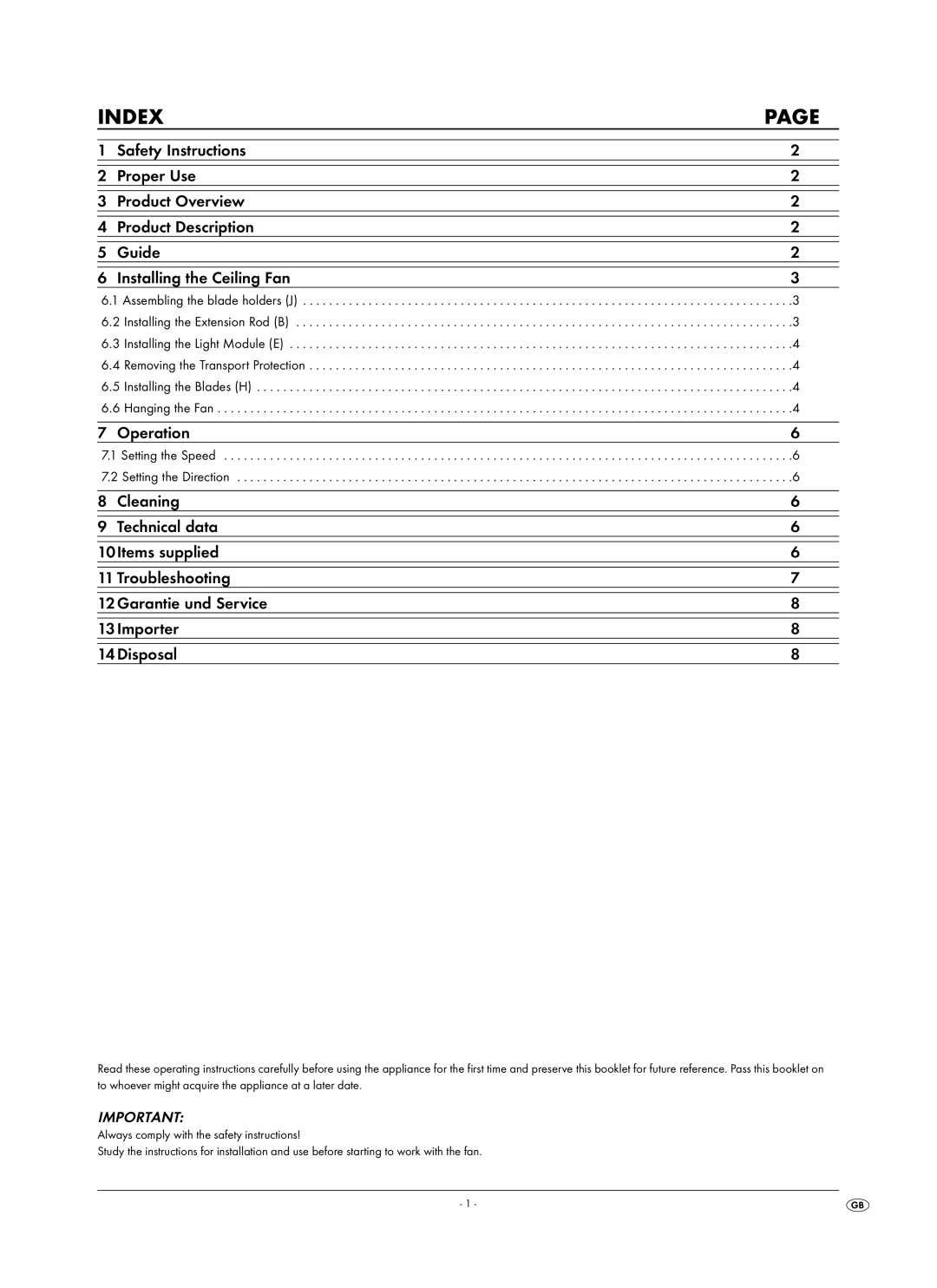 Kompernass KH 1150 manual Index, Setting the Speed Setting the Direction 