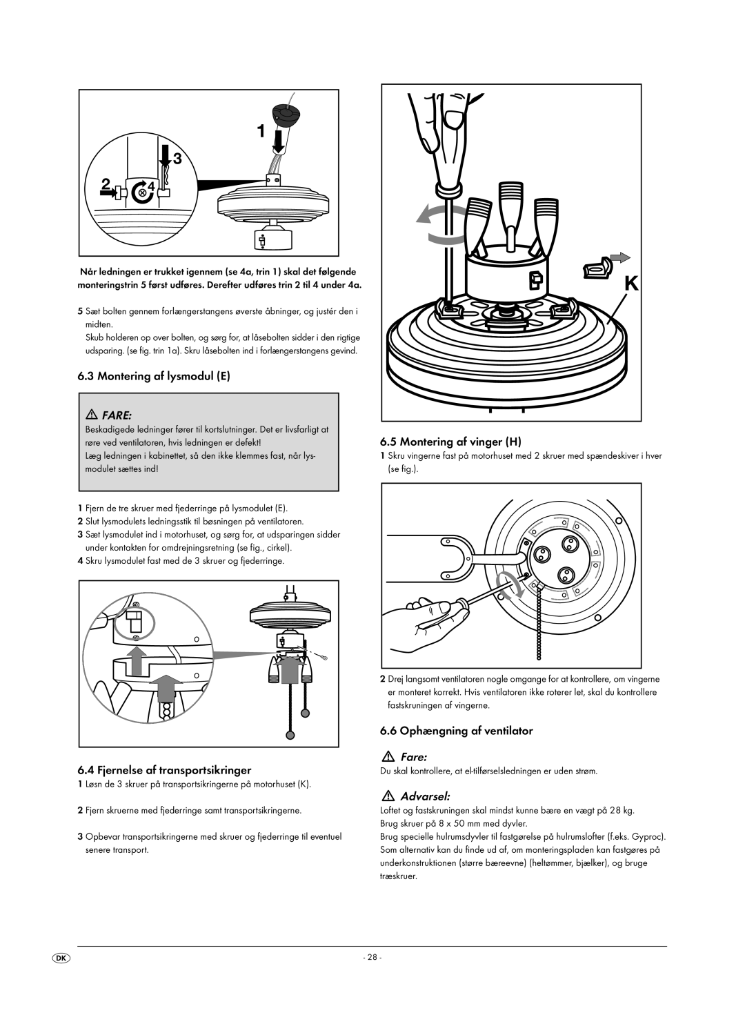 Kompernass KH 1150 manual Montering af lysmodul E, Fjernelse af transportsikringer, Montering af vinger H 