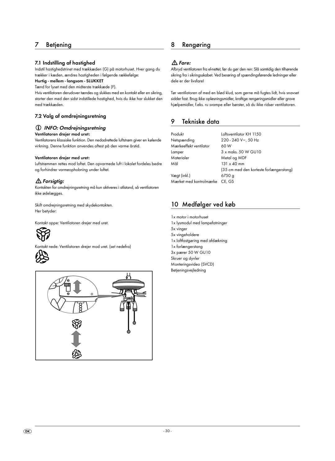 Kompernass KH 1150 manual Betjening Rengøring, Tekniske data, Medfølger ved køb, Info Omdrejningsretning 