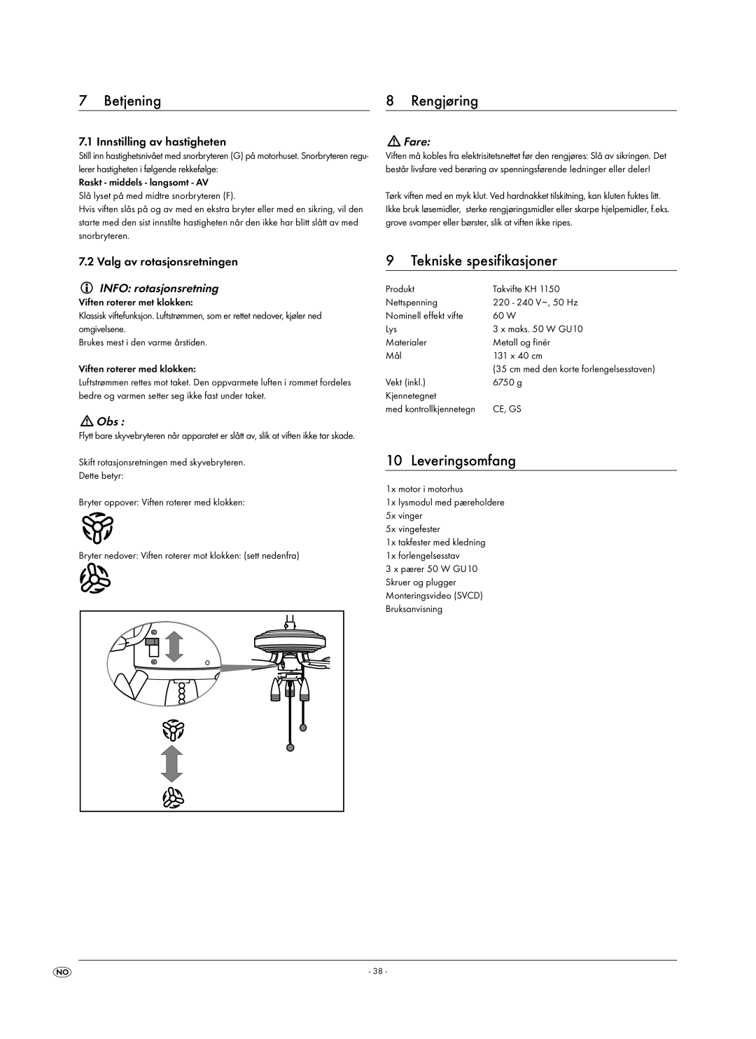 Kompernass KH 1150 manual Betjening Rengjøring, Tekniske spesifikasjoner, Leveringsomfang, Info rotasjonsretning 