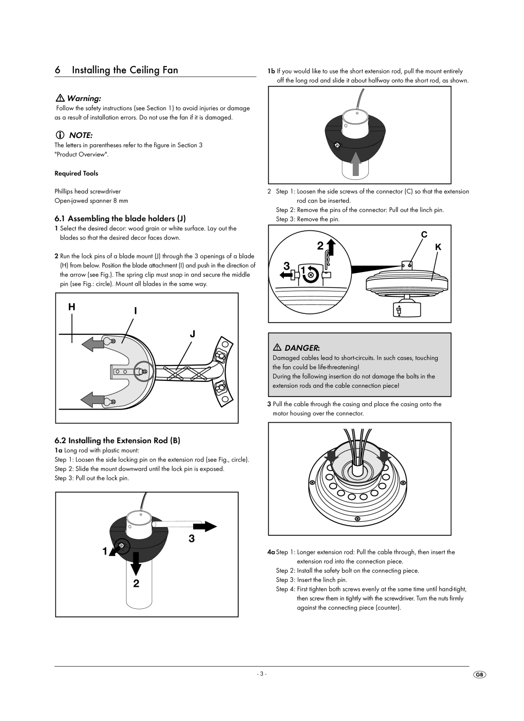 Kompernass KH 1150 manual Installing the Ceiling Fan, Assembling the blade holders J, Installing the Extension Rod B 