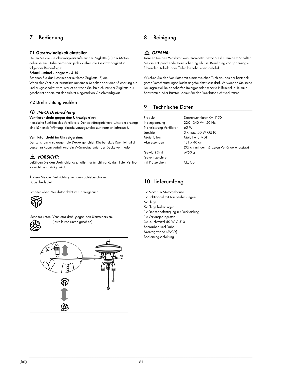 Kompernass KH 1150 manual Bedienung Reinigung, Technische Daten, Lieferumfang, Info Drehrichtung 