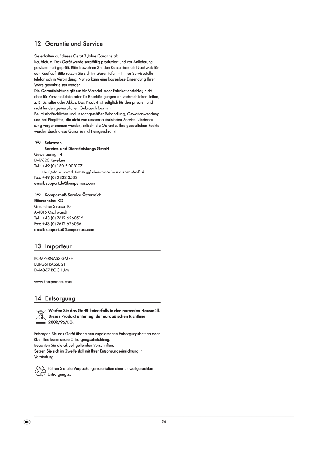 Kompernass KH 1150 manual Importeur, Entsorgung, Garantie und Service 