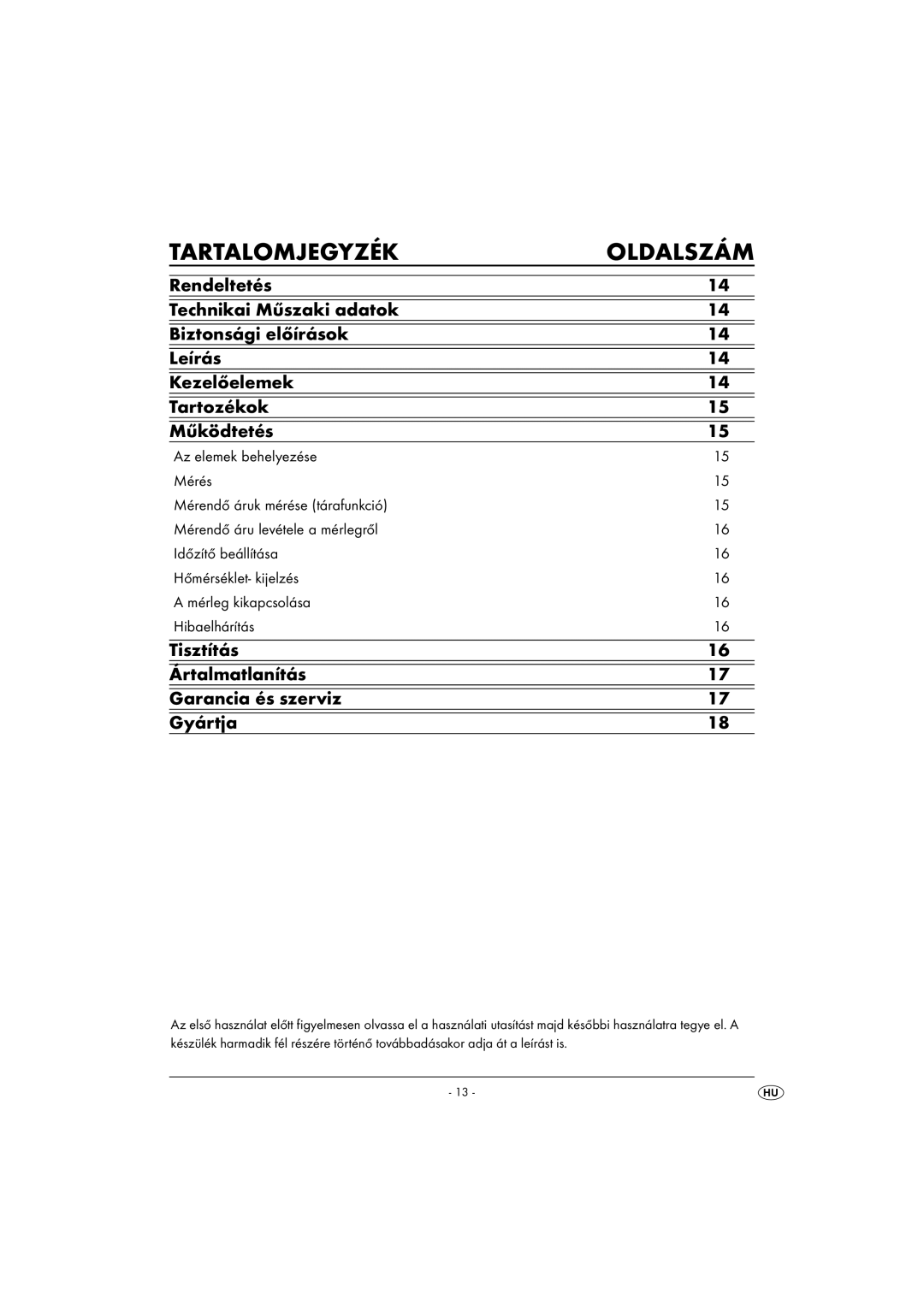 Kompernass KH 1156 operating instructions Tartalomjegyzék Oldalszám, Tisztítás Ártalmatlanítás Garancia és szerviz Gyártja 