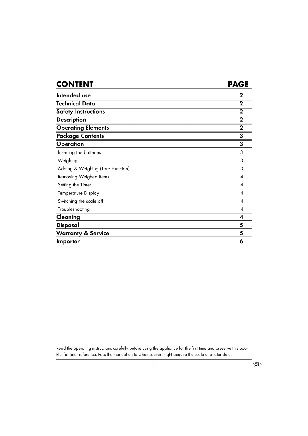 Kompernass KH 1156 operating instructions Content, Cleaning Disposal Warranty & Service Importer 