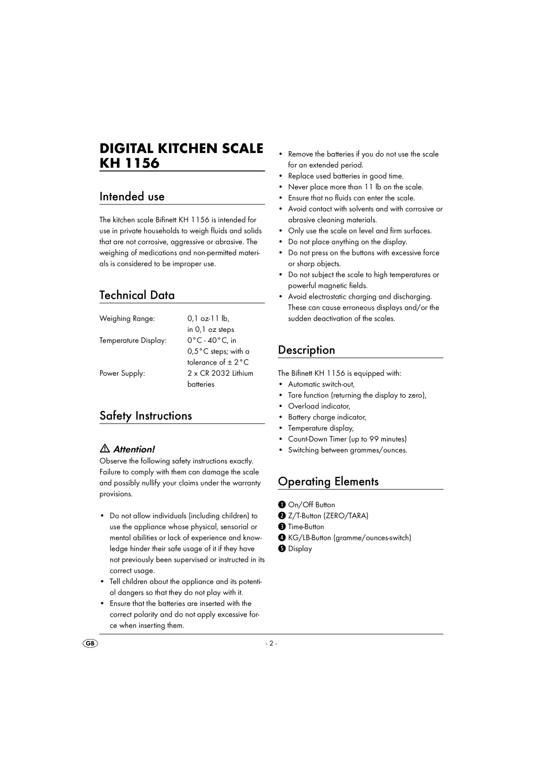 Kompernass KH 1156 operating instructions Digital Kitchen Scale KH 