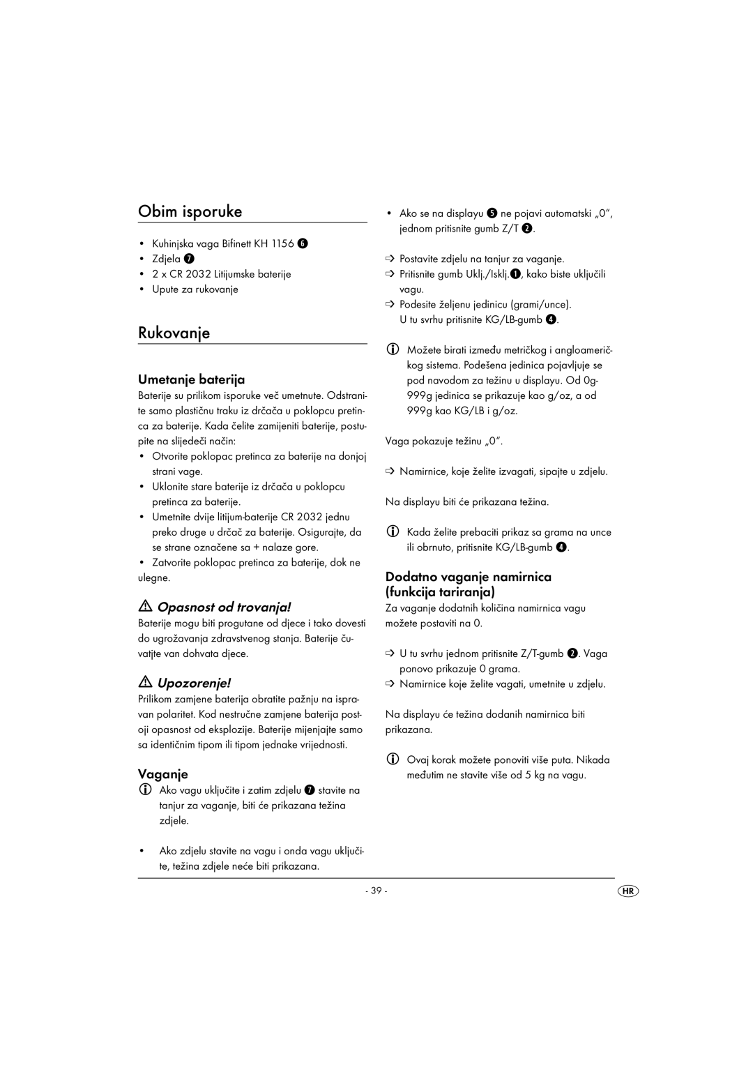 Kompernass KH 1156 operating instructions Obim isporuke, Rukovanje, Opasnost od trovanja, Upozorenje 